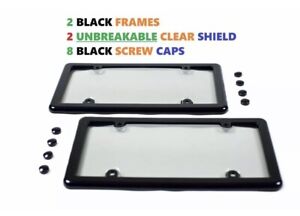 2 Unbreakable Clear License Plate Tag Shield Covers + 2 Black Frames + 8 Caps