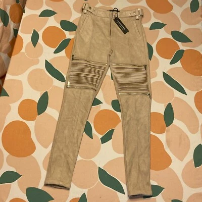 Maniere De Voir Faux Suede Ribbed Moto Leggings Women’s 8 Beige Khaki High Rise - Image 1 of 4