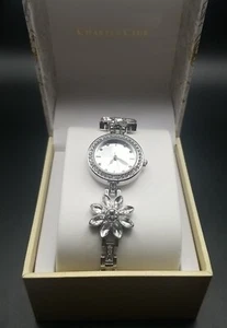 CHARTER CLUB SILVER-TONE CRYSTAL FLOWER LADIES QUARTZ WATCH 25 MM NIB - JLY27 - Picture 1 of 8