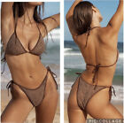 BERLOOK Brown Crochet Halter Triangle Bikini Top & Crochet Tie Bikini Bottom S