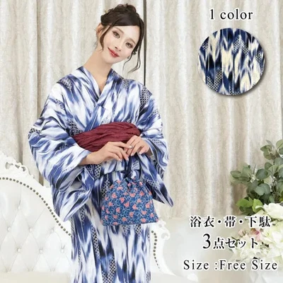 Japanese Yukata Kimono 3-piece set with a Navy Yagasuri Expressing Individuality - Image 1 of 4