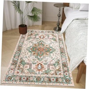 Area Rug Machine Washable Area Rugs Non Slip Low Pile Boho 3x5 Cream/Green - Picture 1 of 7
