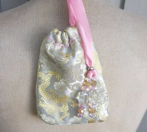Reversible Rose Pink Rosebud Satin White Gold Dragon Brocade Drawstring Bag - Picture 1 of 9