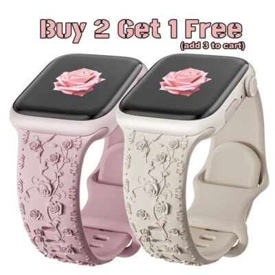 For Apple Watch 10 9 7 Se 8 Ultra 2 Band Silicone Bracelet Floral Engraved Strap - Image 1 of 4