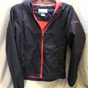 Columbia Jacket Navy Hot Pink Girls Wind Breaker Rain Hood Full Zip Pockets L - Picture 1 of 10