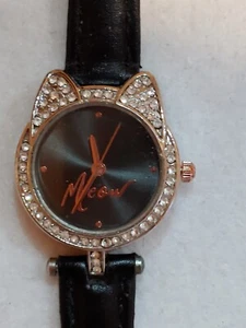 MEOW Jessica Carlyle Women's SilverTone Black Band Rhinestone Bezel Quartz Watch - Picture 1 of 13