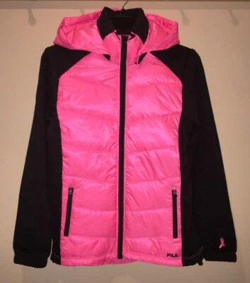 FILA Fan Favorite Rosa Neón Negro Cáncer de Mama Puffer Abrigo Chaqueta Mujer Talla S Foto 1 de 4