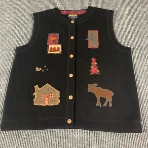 VTG Woolrich Sweater Vest Womens XL Black Wool Vest Patches Cottage Core Grandma - Picture 1 of 12