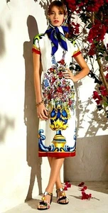 AUTÉNTICO Vestido Dolce&Gabbana Mayólica Florero Estampado Seda Midi IT 46 - Imagen 1 de 12