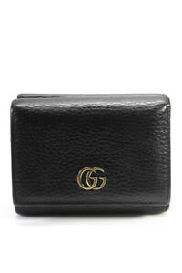 Gucci Womens Grain Leather GG Marmot Tri Fold Wallet Black