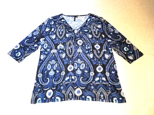 Womens Top-SUSAN LAWRENCE-blue/black/white floral knit  V-neck  3/4 slv-2X - Picture 1 of 5