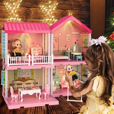 28  Pink Dollhouse W/ Furniture Light Girls Rooms 2 Levels Doll House Dreamhouse • 43.86$