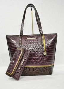 SET of Brahmin Asher Leather Tote + Checkbook Wallet in Fig Chappell - Picture 1 of 12