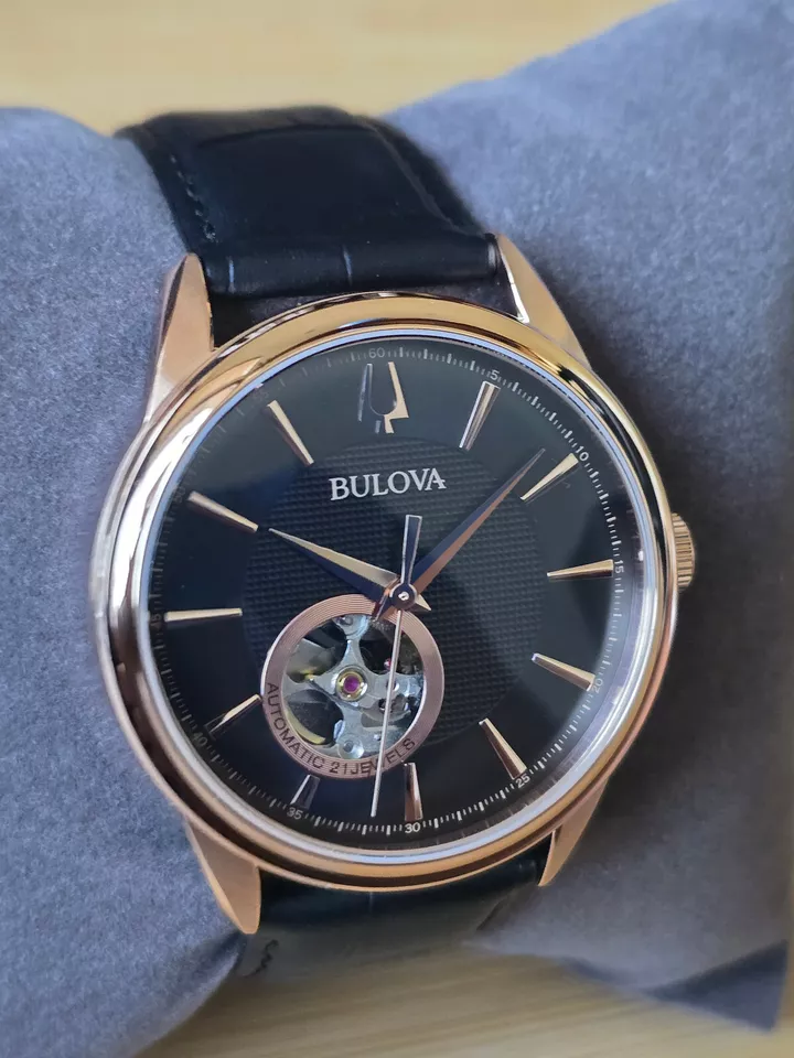 Bulova Men's Automatic Mechanical Black Leather Strap Watch 45mm 97A140