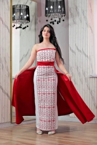 Women Palestinian Embroidered Satin Dress with Robe & Jacket & Belt & Necklace - Picture 1 of 12