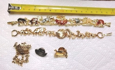 Noah's Ark Bracelet x 2 Gold Tone Charms Animals Elephant Giraffe Brooch Pin - Image 1 of 4