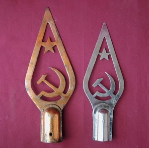 Old 2 USSR Nickel FLAG Pole TOPS 11"/28cm+25cm Vintage Soviet Sickle Hammer Star - Picture 1 of 5