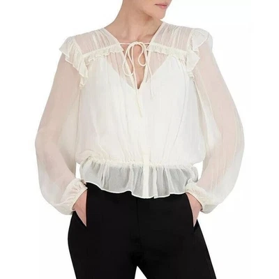 Blusa transparente manga larga BCBGMAXAZRIA Gardenia con volantes y cuello atado para mujer XXS Foto 1 de 4