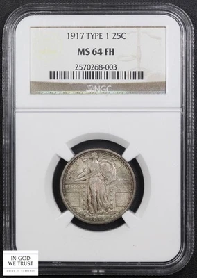 1917 Type 1 Full Head Standing Liberty Silver Quarter 25C NGC MS 64 FH - Image 1 of 4