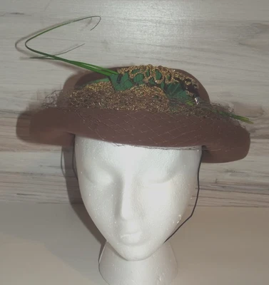 Medfield Brown Felt Wool Vintage Brim Hat Sz 22 Green Gold Accents Net B62 - Image 1 of 4