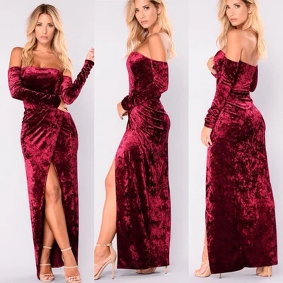 Maxi Vestido Bodycon Terciopelo Aplastado Para Mujer M Hombro Descubierto EE. UU. Vino Rojo Navidad Foto 1 de 4