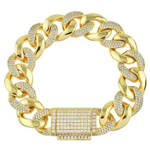 Iced Out Cuban Chain Gold Bracelet - Diamond CZ Miami Cuban Link Bracelet 7.5 in - Picture 1 of 10