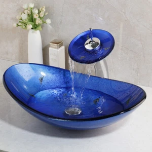 Fregadero de baño ovalado vidrio azul recipiente lavabo recipiente combo grifo drenaje montaje superior - Imagen 1 de 10