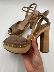 Sandalias de Tacón Pura Lopez Tachonado Plataforma Marrón Madera Tacón Grueso Zapatos Talla 36 - Imagen 1 de 8