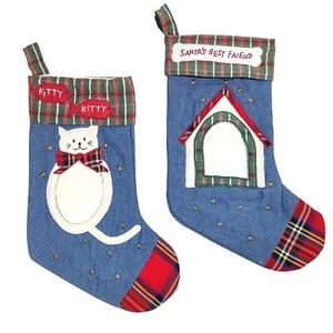 Funny MISPRINT Lot 2 Cat Dog Denim Christmas Stocking Photo Holder FAIL  7x17" - Picture 1 of 9