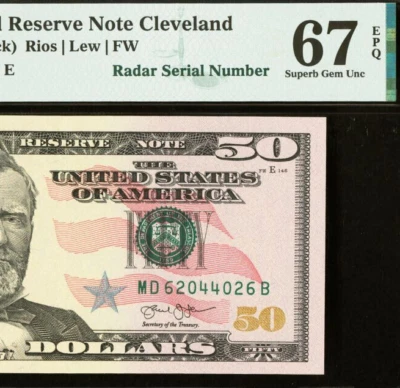 2013 $50 Federal Reserve Note PMG 67EPQ - Fancy Radar Serial Number 62044026 - Image 1 of 3