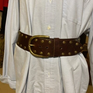 LINEA PELLE belt Leather Studded BROWN Solid Brass Buckle SIZE M 2.5 Inches Wide - Picture 1 of 16