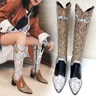 Women Winter Shoes Zip Up Knee High Cowboy Boots Western Faux Leather Heels Size