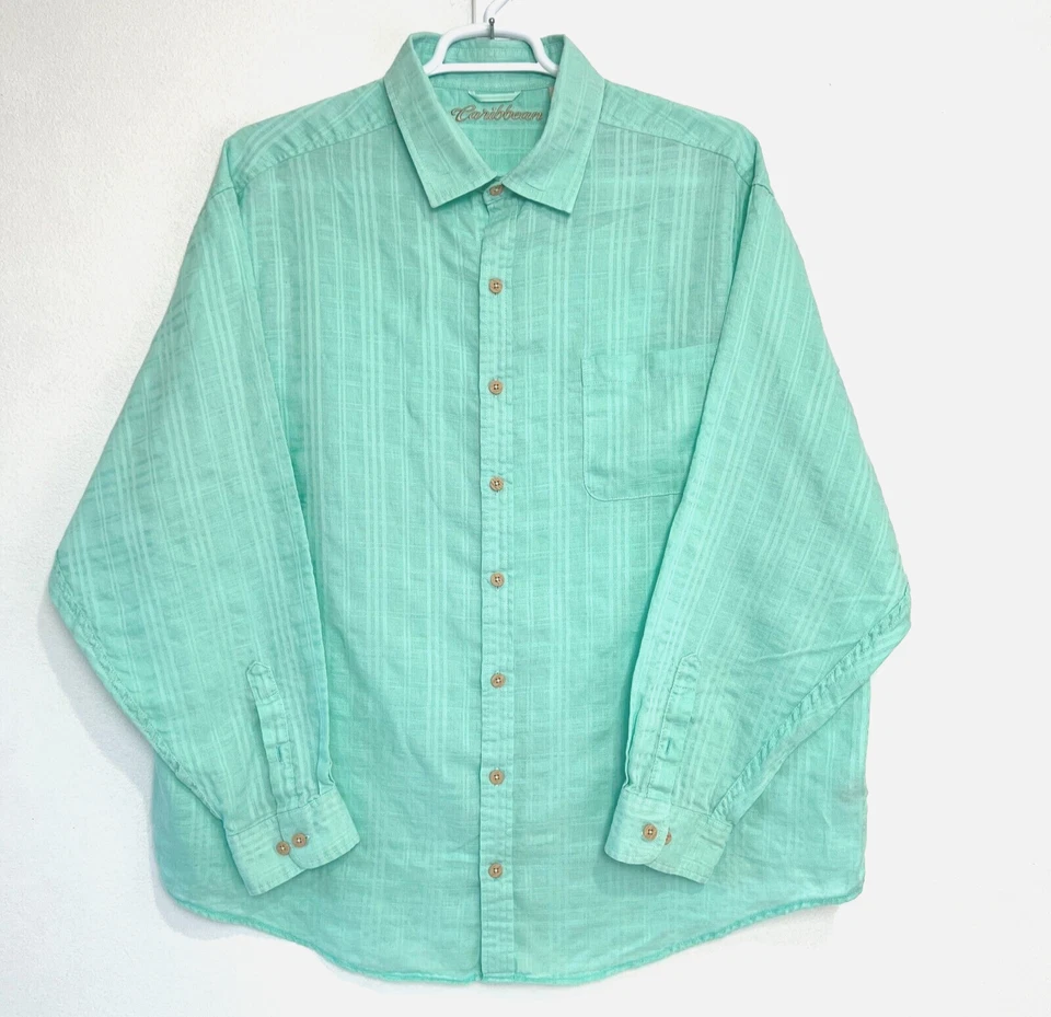 Camisa Hawaiana Caribeña Mezcla de Lino Para Hombres Rayas Verde Brillante Botón Talla 2XB Foto 1 de 4