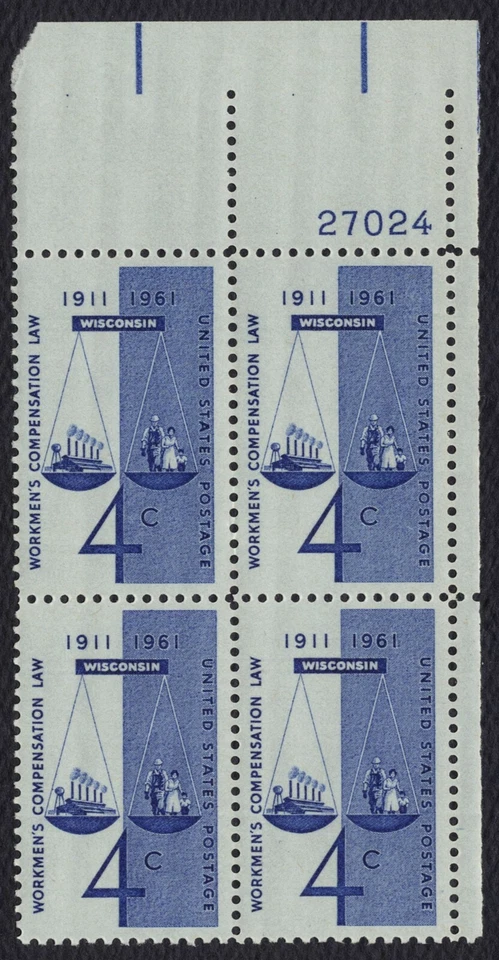 #1186 4c Workmen's Compensation Law, Plate Block [27024 UR] **ANY 5=FREE SHIP** - Image 1 of 1