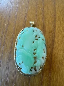 Large Antique Hand Carved Jade 14k Yellow Gold Pendant & Pin 11.8 Grams Brooch - Picture 1 of 14