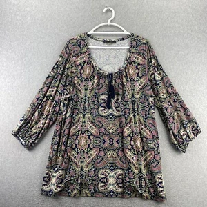 Blusa Top Campesina Rosa y Oliva Plus 3XL Cachemira Ojo de Cerradura Borlas Cuello Redondo - Imagen 1 de 9