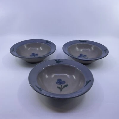 Set Of 3 Vintage Rowe Pottery Works Salt Glaze Blue Flower 6 3/4” Rimmed Bowl - Image 1 of 4