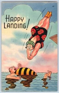1940's FAT LADY DIVES INTO FAT MAN BEACH HAPPY LANDING! COMIC LINEN POSTCARD - Picture 1 of 2