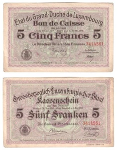 Luxembourg 5 Francs Banknote (1914-1918) P.29c - VF - Picture 1 of 3