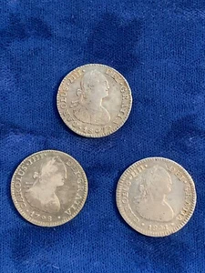 MEXICO SPANISH COLONIAL CHARLES IV 1798-FM, 1801-FT, 1807-TH 1 REAL SILVER COINS - Picture 1 of 6