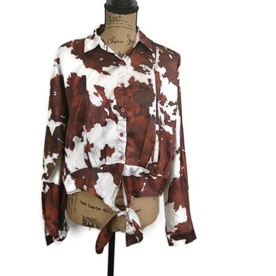 Nasty Gal женщин sz 4 верхний коричневый корова печать кнопка вверх галстук спереди укороченный длинный Slv - Изображение 1 из 4