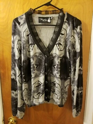 Twelve By Twelve Los Angeles Black Long Sleeve Ruffled Cardigan Sweater Medium  - Image 1 of 4