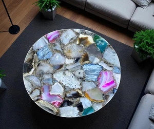 18" Luxury Agate Stone Coffee Table Handmade Gemstone Round table Top Home Decor - Picture 1 of 8