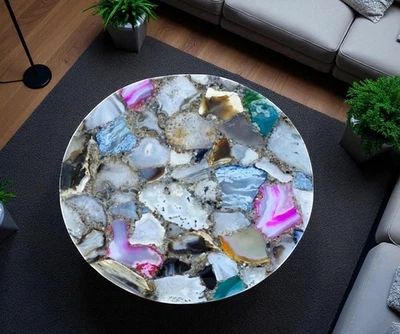 18" Luxury Agate Stone Coffee Table Handmade Gemstone Round table Top Home Decor - Image 1 of 4