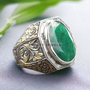 Emerald Oval Cut Gemstone With 925 Sterling Silver Ring For Men's #584 - Picture 1 of 6