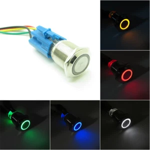 16mm 19mm Metal Push Button Switch 12VDC - 24VDC Ring LED Waterproof + Connector - Picture 1 of 17