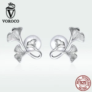 Pendientes de tachuelas de hoja de ginkgo Voroco para niña 100 % plata esterlina dibujo de alambre joyería - Imagen 1 de 11