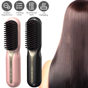 Plancha de pelo eléctrica cepillo rizador peine caliente antiescaldaduras unisex - Imagen 1 de 24