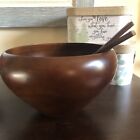 Crate and Barrel Vintage Large Solid chestnut Mango Wood bowl 10”x7” And Tongs