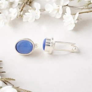 925 Sterling Silver Dark Blue Cat's Eye Gemstone Jewelry Vintage Cufflinks 0.59" - Picture 1 of 6